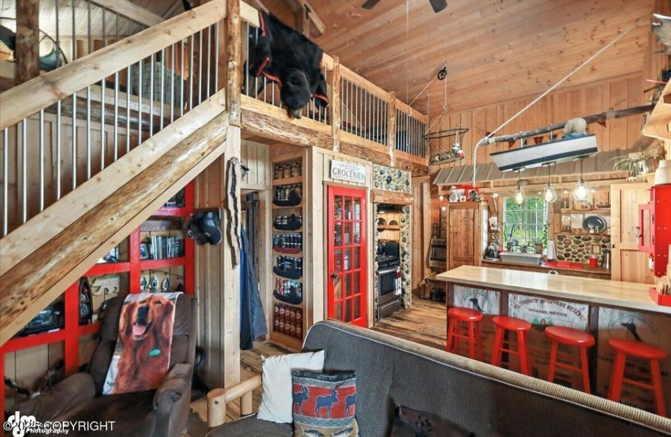 Open interior with loft stairs