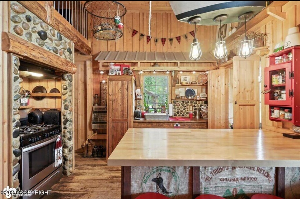 Kitchen island and stone hearth